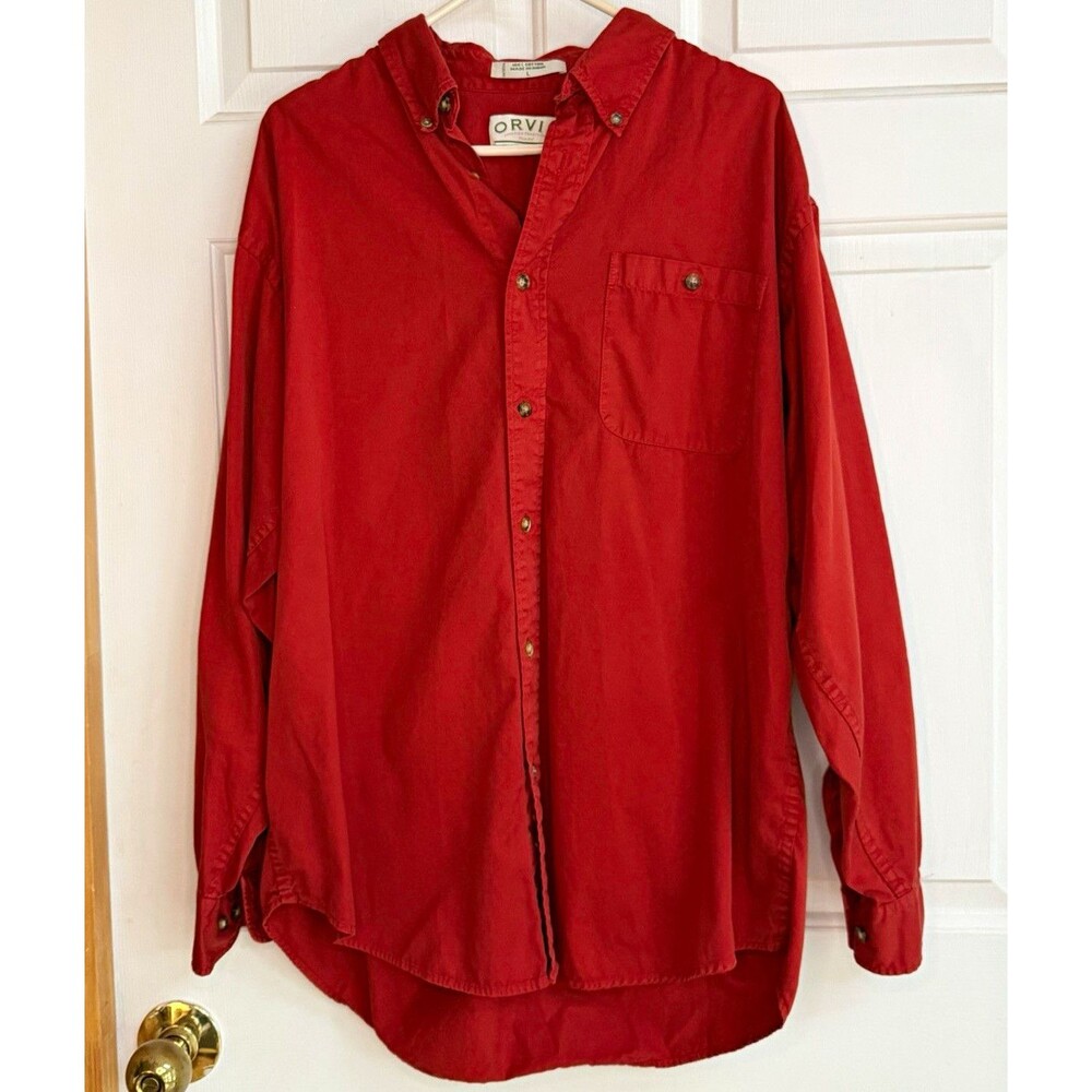 Orvis Men's L Regular Red Solid Woven Cotton Long Sleeve Button-Down Shirt